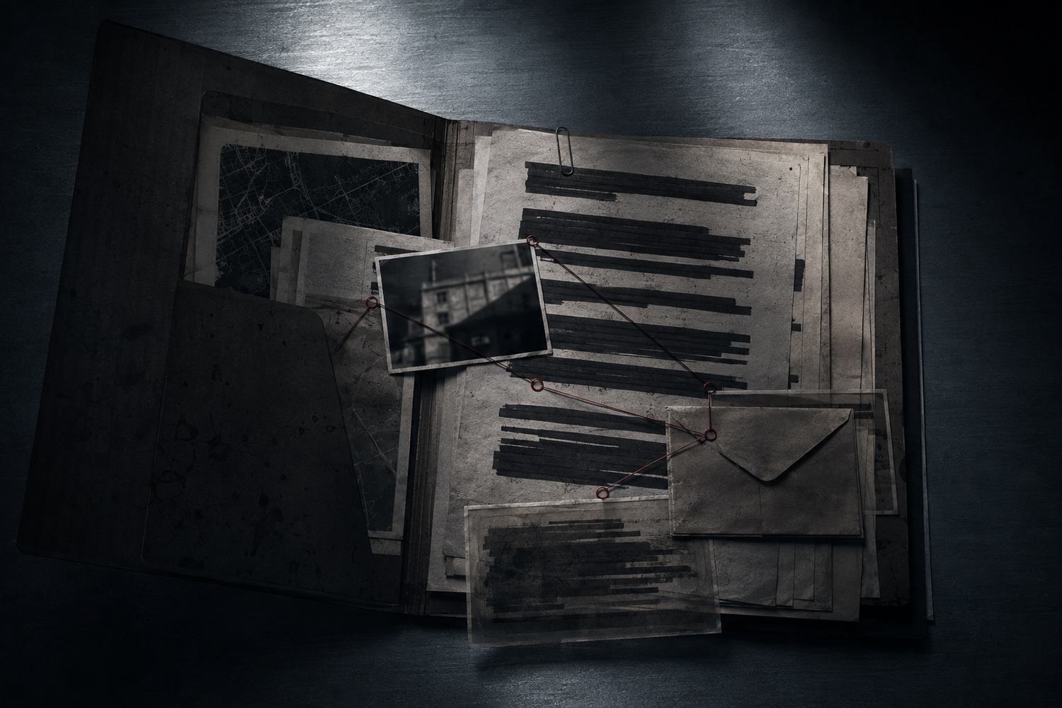 Dossiê aberto com documentos censurados, fotografias e linhas vermelhas