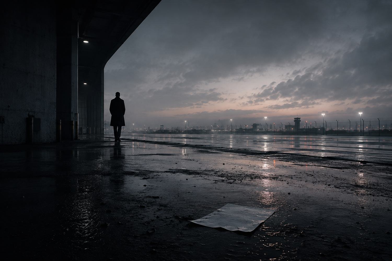Homem sozinho diante de um aeroporto ao amanhecer